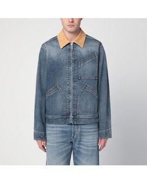 McQueen Washed Ddenim Jacket With Suede Collar - Blue