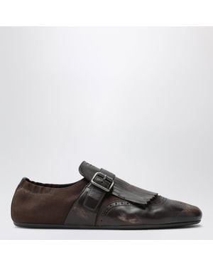 Prada Dark Leather Shuffle Buckle Shoes - Black