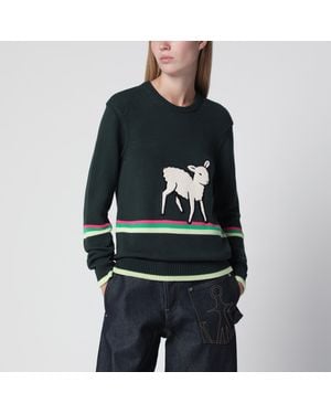 JW Anderson Pull En Coton Vert Foncé Avec Broderie Mouton - Noir