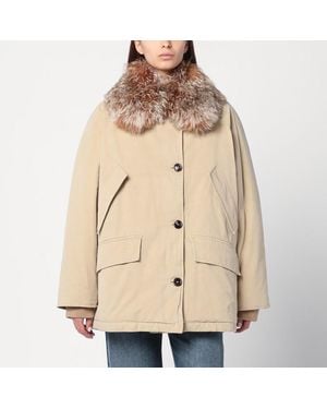 Prada Rope-Coloured Puffer Jacket With Fur Collar - Natural