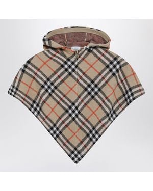 Burberry Sand-Coloured Wool Cape With A Checked Pattern - Metallic