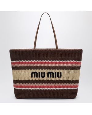 Miu Miu Grand Sac Shopping En Fil Effet Raphia Tabac/Fraise/Naturel - Rouge