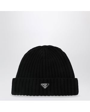 Prada Virgin Wool Beanie With Enamelled Triangle Logo - Black