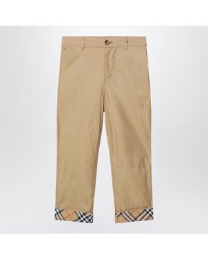 Burberry Cuffed Trousers With Check Motif - Natural
