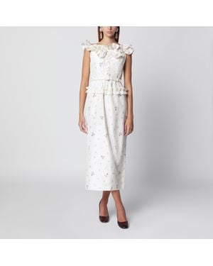 Alessandra Rich Silk Midi Dress With Floral Pattern - White