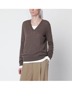 The Row Phora Taupe Cashmere V-Neck Sweater - Brown