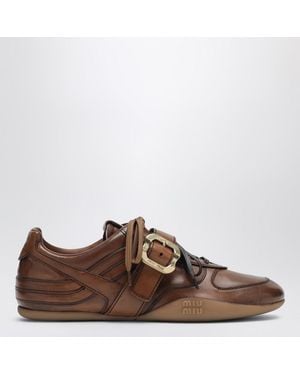 Miu Miu Cognac-colored Leather Sneakers With Buckle - Brown