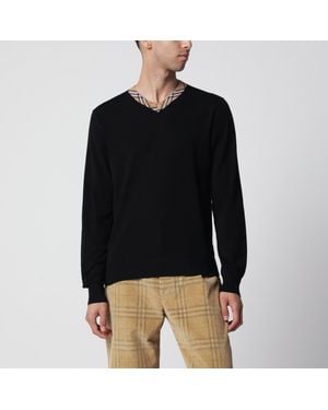 Burberry Schwarzer Wollpullover Mit Check-Muster Am Ausschnitt