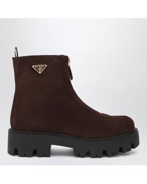 Prada Moro Suede Ankle Boots With Zip - Brown