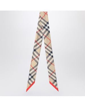 Burberry Thin Silk Scarf With Check Pattern - Natural