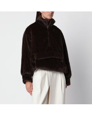 Source Unknown Braunes Sweatshirt Aus Kunstpelz Mit Halbem Reißverschluss - Schwarz