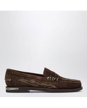 Sebago Dan El Paso Suede Penny Loafers With Cowboy-Inspired Embroidery - Brown