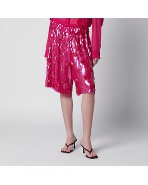 Dries Van Noten Fuchsia Silk Bermuda Shorts With Sequins - Pink