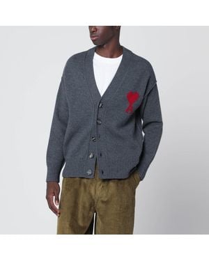 Ami Paris Ami De Coeur Heather Wool Cardigan - Blue