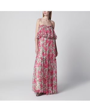Chloé Long Silk Muslin Dress With Rose Print - Pink