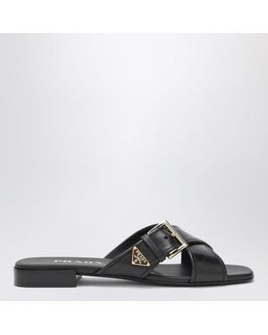 Prada Sandales Slider Noires En Cuir Avec Boucle