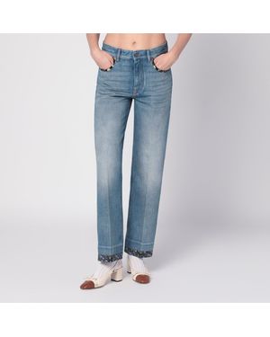 Valentino Washed Jeans With Floral Fabric Trims - Blue