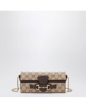 Gucci Sand/Dark Gg Fabric Wallet On Chain With Horsebit - Natural