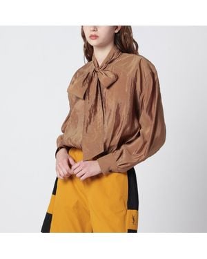 Saint Laurent Caramel Taffeta Blouse With Lavallière Collar - Brown
