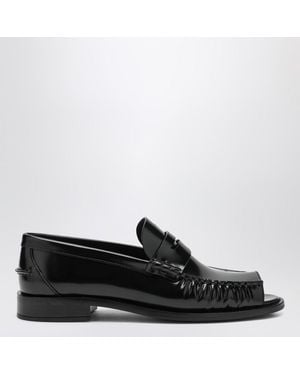 Prada Brushed Leather Peep-Toe Loafers - Black