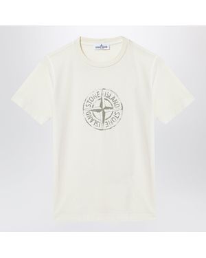 Stone Island T-Shirt Écru En Coton Avec Logo Imprimé - Blanc