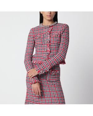 Self-Portrait Fringed Checked Knit Jacket - Red