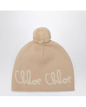 Chloé Beigefarbene Mütze Mit Bommel Und Logo - Natur