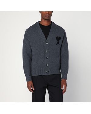 Ami Paris Ami De Coeur Heather Grey Wool Cardigan - Blue