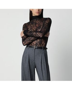 ANDAMANE Semi-Sheer Lace Turtleneck Bodysuit - Black