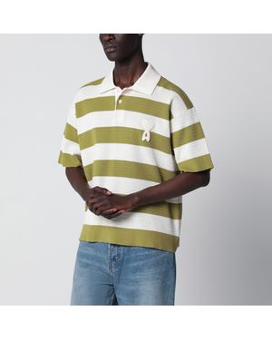 Ami Paris Ami De Coeur Striped Cotton Knit Polo Shirt - Green