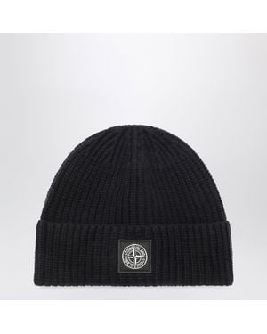 Stone Island Marineblaue Wollmütze Mit Compass-Patch - Schwarz