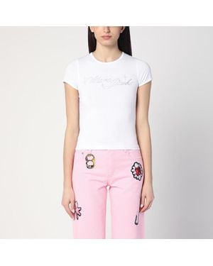 Marc Jacobs T-Shirt Blanc Avec Logo Et Micro Cristaux - Rose