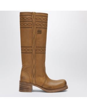 Miu Miu Embroidered Leather Boots - Brown