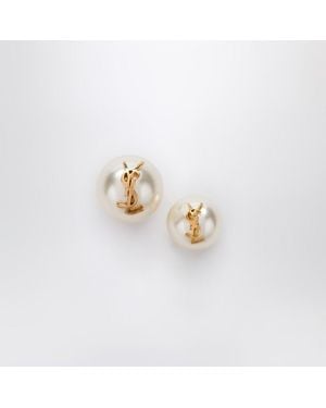 Saint Laurent Boucles D'Oreilles Asymétriques Avec Perle Et Logo Cassandre - Métallisé