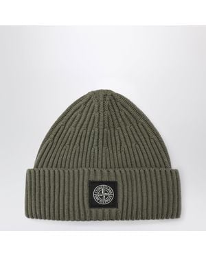 Stone Island Ribbed Wool Beanie With Compass Patch - Green