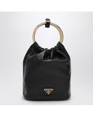 Prada Mini Bucket Handbag With Metal Handles And Chain Strap - Black