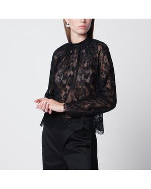 Self-Portrait High-Neck Lace Blouse With Long Sleeves - Black