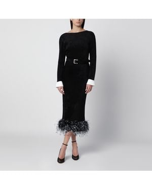 Self-Portrait Midi Chenille Knit Dress With Feather Trim - Black