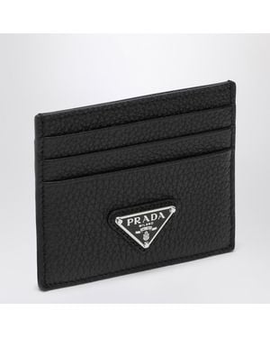 Prada Leather Card Holder With Logo Triangle - Black