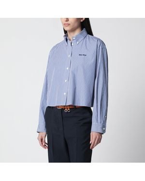 Miu Miu Cobalt Striped Cropped Shirt With Logo Embroidery - Blue