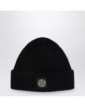 Stone Island Wool Beanie With Compass Patch - Black