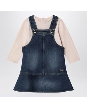 Chloé T-Shirt And Denim Overalls Set With Embroidery - Blue