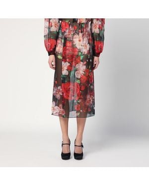 Dolce & Gabbana Gonna in chiffon di seta stampa rose - Rosso