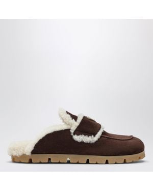 Prada Suede And Shearling Clogs - Brown