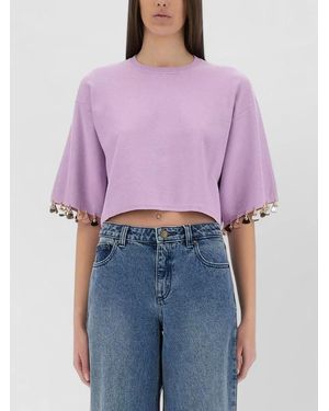 Rabanne Knit Crop Top Round Neck Short Sleeves - Purple