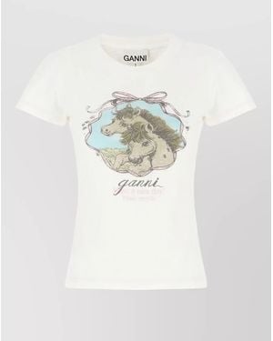 Ganni Cotton Crew Neck Graphic Print T Shirt - White