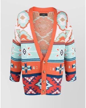 Alanui Cotton Patterned Jacquard V-Neck Cardigan - Red