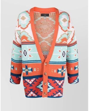 Alanui Cotton Patterned Jacquard V-Neck Cardigan - Red