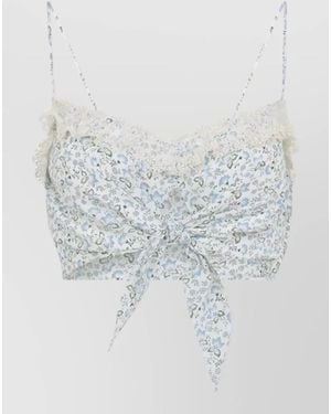 Ermanno Scervino Silk Floral-Print Knotted Sweetheart-Neckline Cropped Top - White