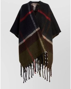 Barbour Boucle Plaid Cape Fringe Hem - Black
